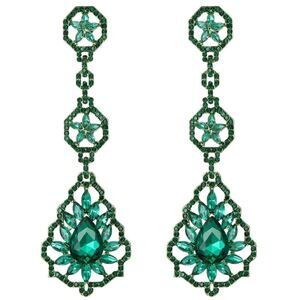 Yellow Gold with Emerald Austrian Crystal Flower Teardrop Chandelier Earrings